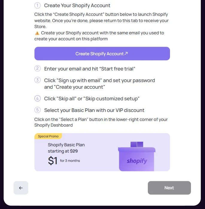 Storebuild.ai, Create Your Shopify Account step: Create Shopify Account button, instructions Enter your email and hit Start free trial, Select your Basic Plan with our VIP discount, box Shopify Basic Plan starting at 29 dollars, 1 dollar for 3 months