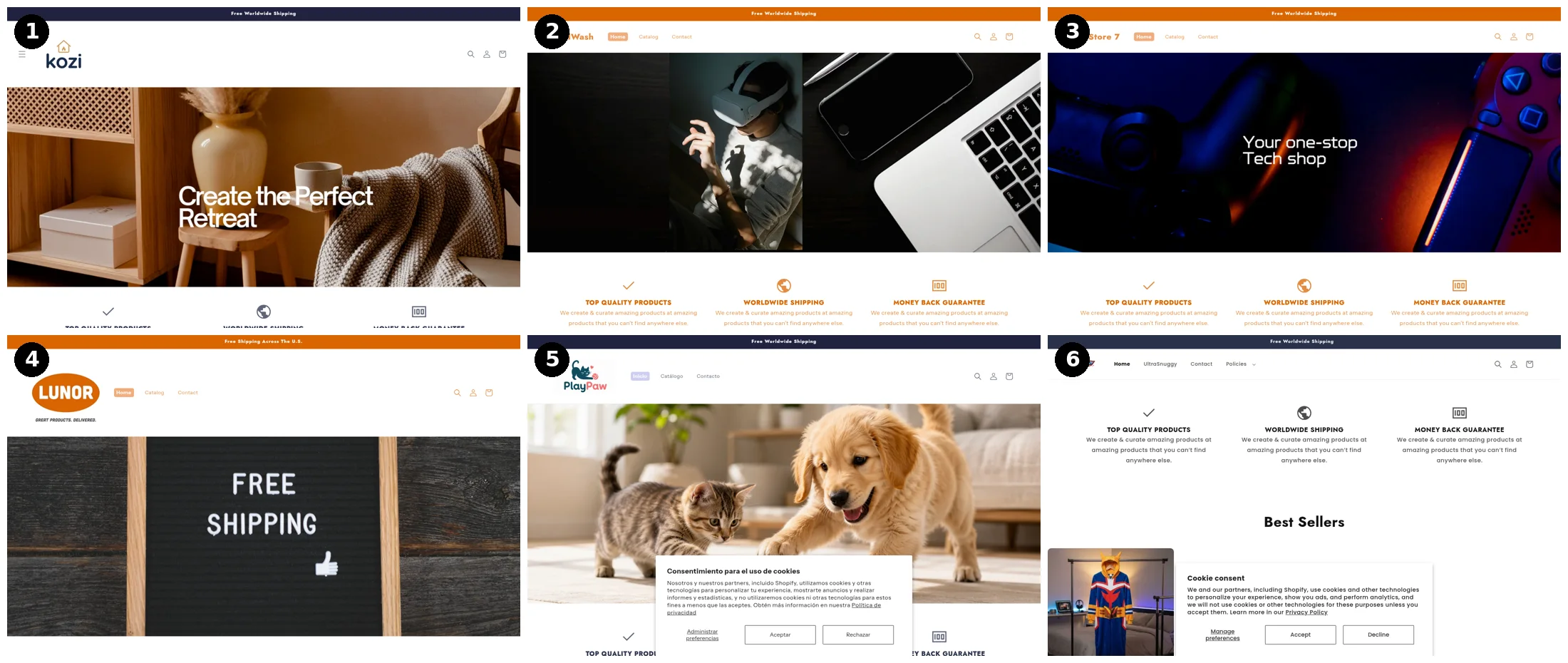 Six home pages of live stores built on the Zendrop theme, numbered 1 to 6: store 1 carries the banner Create the Perfect Retreat, stores 2 and 3 show the same three selling points in orange, store 4 a Free Shipping photo, store 5 a pet store, store 6 starts with no banner