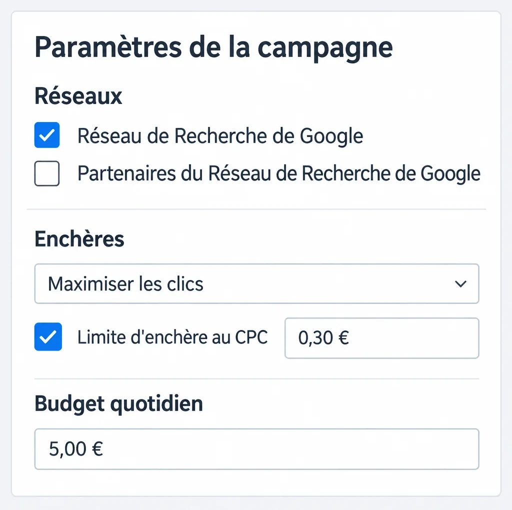 Les paramètres d'une campagne Shopping dans Google Ads : Réseau de Recherche de Google coché, Partenaires du Réseau de Recherche de Google décoché, enchères Maximiser les clics avec une limite d'enchère au CPC de 0,30 € et un budget quotidien de 5,00 €