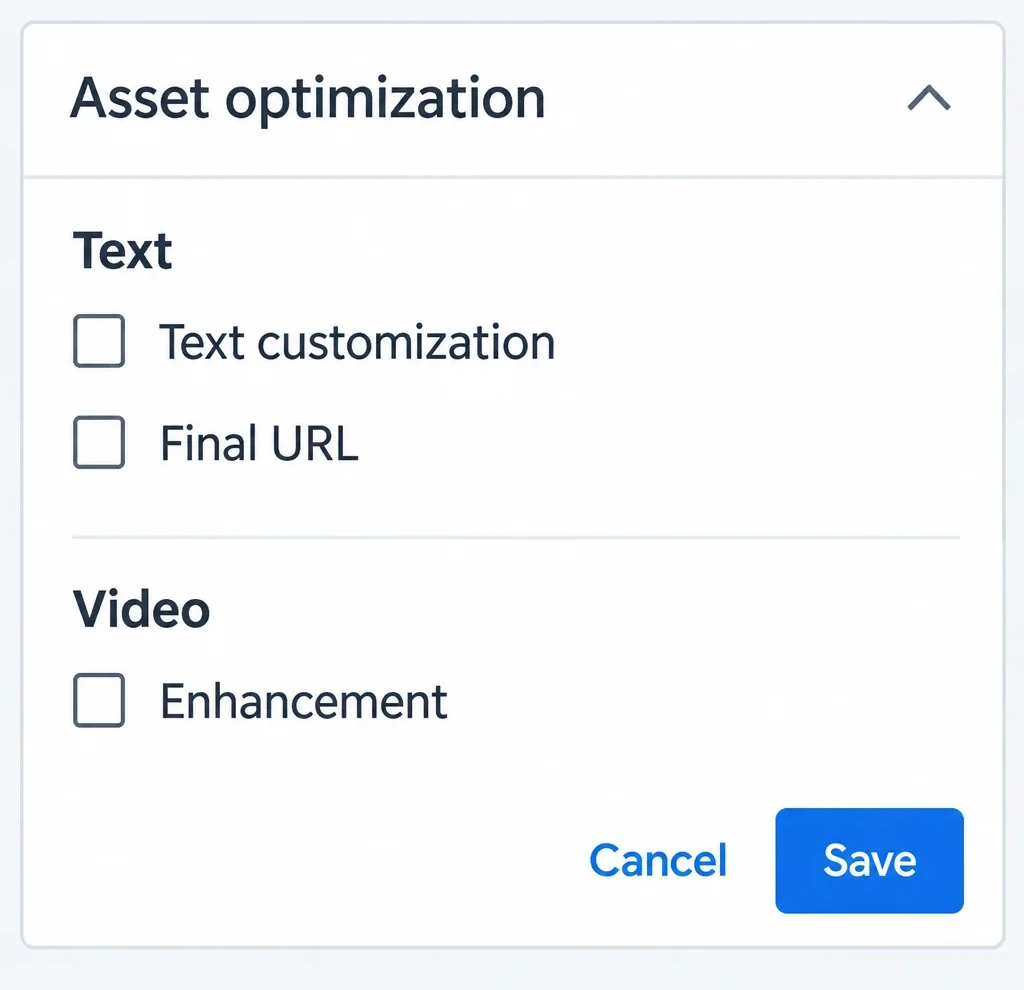 The Asset optimization section of a Performance Max campaign in Google Ads: Text customization and Final URL unchecked under Text, Enhancement unchecked under Video