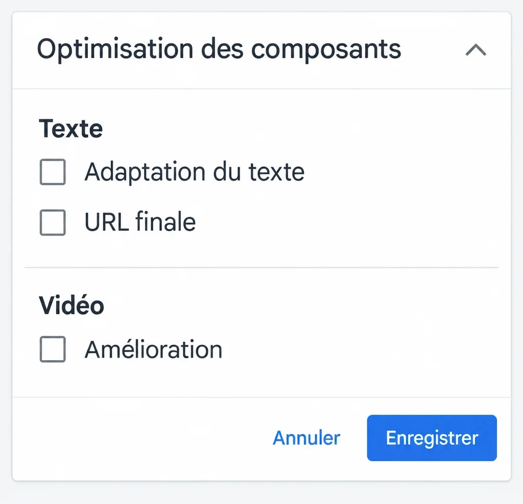 La section Optimisation des composants d'une campagne Performance Max dans Google Ads : Adaptation du texte et URL finale décochées dans la partie Texte, Amélioration décochée dans la partie Vidéo