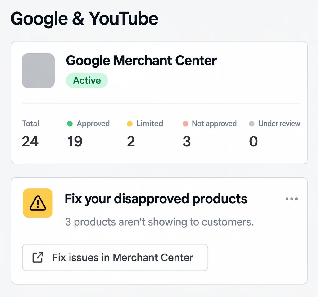 The Google & YouTube app in Shopify: Google Merchant Center active, 24 products with 19 approved, 2 limited, 3 not approved and 0 under review, and a Fix your disapproved products card with a Fix issues in Merchant Center button