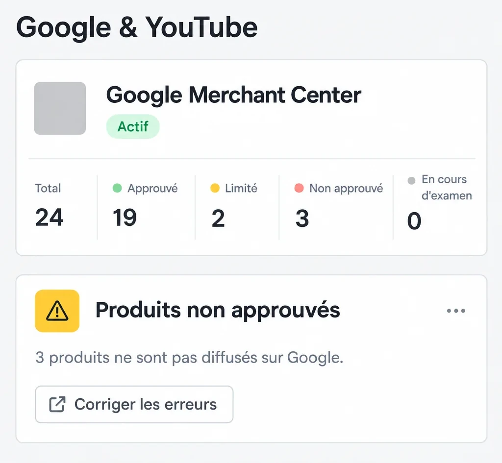 L'application Google & YouTube dans Shopify : Google Merchant Center actif, 24 produits dont 19 approuvés, 2 limités, 3 non approuvés et 0 en cours d'examen, et une carte Produits non approuvés avec le bouton Corriger les erreurs