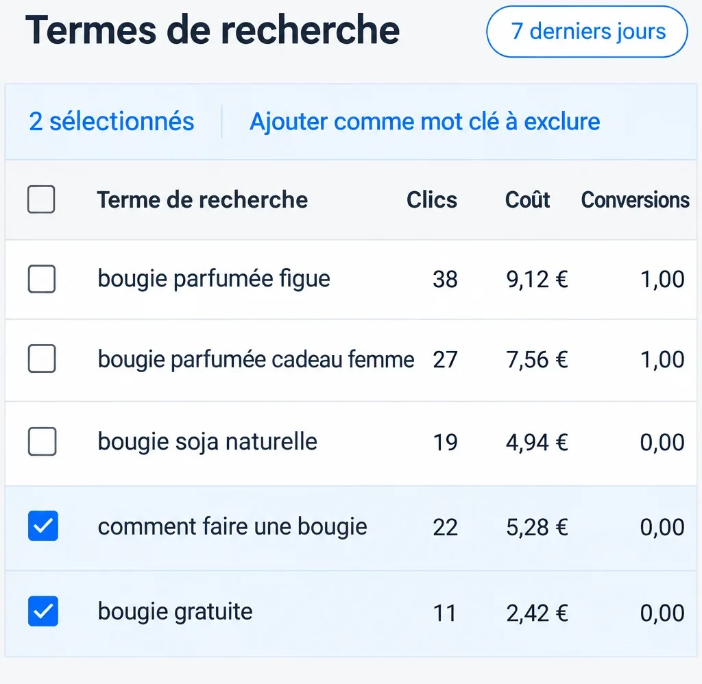 Le rapport sur les termes de recherche de Google Ads sur 7 jours : cinq recherches avec leurs clics, leur coût et leurs conversions, dont comment faire une bougie et bougie gratuite cochées pour être ajoutées comme mots clés à exclure