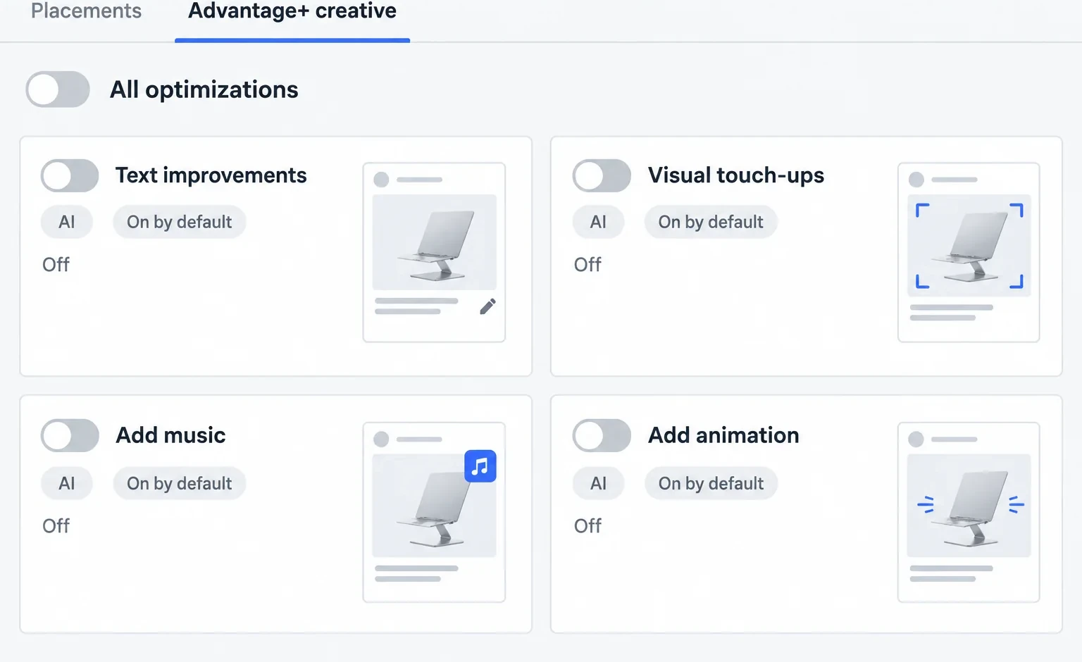 Meta Ads Manager: the Advantage+ creative tab in Advanced preview, with All optimizations and four enhancements that were on by default, all turned off