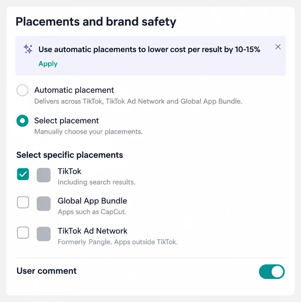 TikTok Ads Manager: an ad group's Placements section set to Select placement, with TikTok checked and Global App Bundle and TikTok Ad Network unchecked, under a box recommending automatic placement