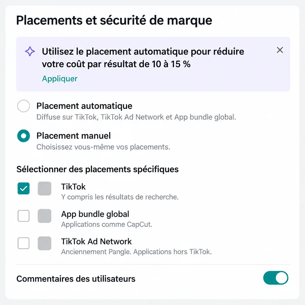 TikTok Ads Manager : la section Placements d'un groupe d'annonces en placement manuel, avec TikTok coché, App bundle global et TikTok Ad Network décochés, sous un encadré qui recommande le placement automatique