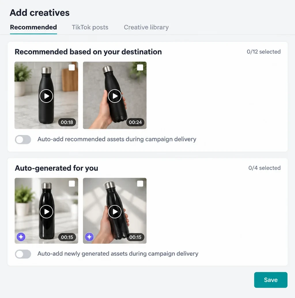 The TikTok Ads Manager creative window, Recommended tab: no recommended or auto-generated video is selected, and both auto-add toggles are off