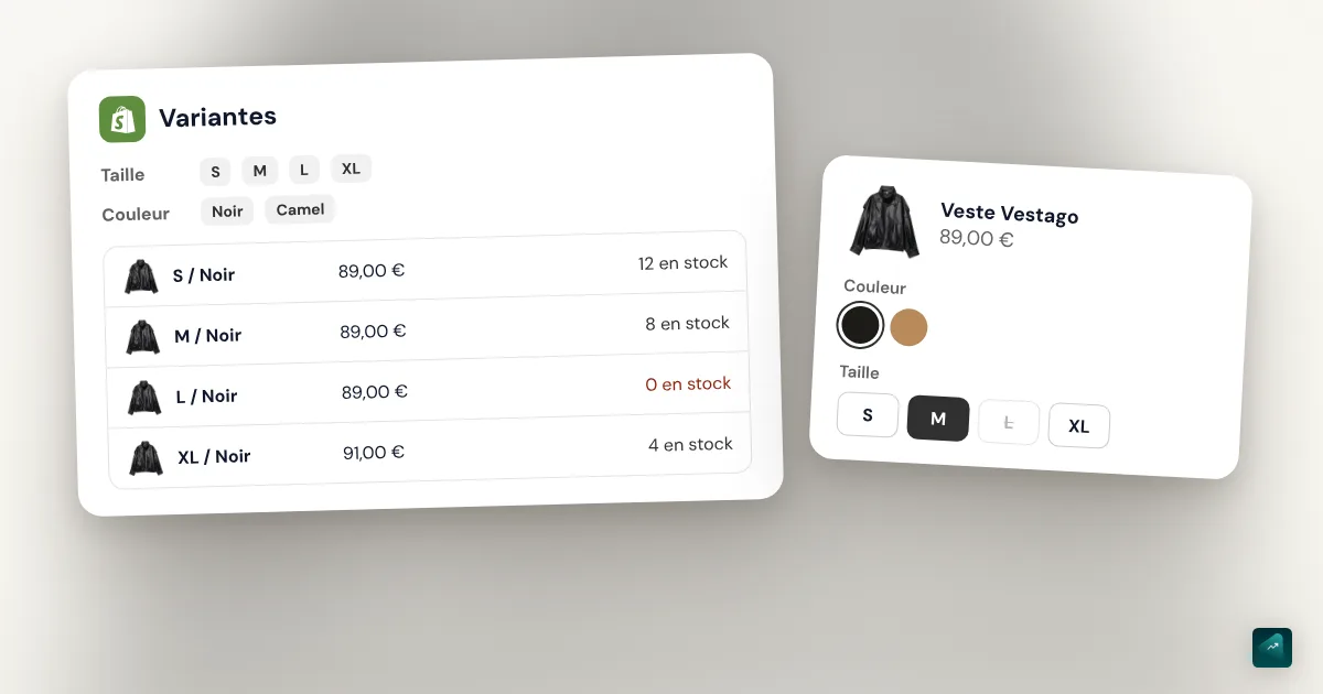 Variantes produit Shopify : ajouter des tailles et des couleurs, avec un prix et une photo par variante