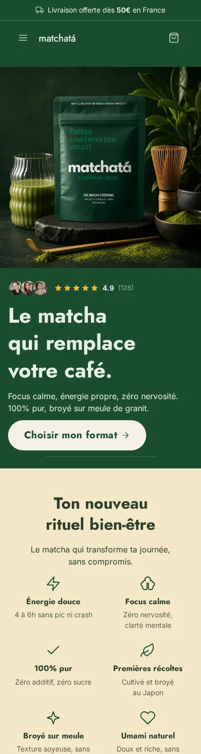 Page d'accueil d'une boutique démo générée par Scale Ova, version mobile