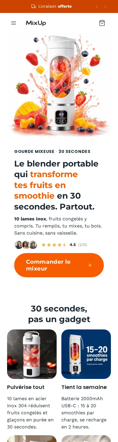 Page d'accueil d'une boutique démo générée par Scale Ova, version mobile