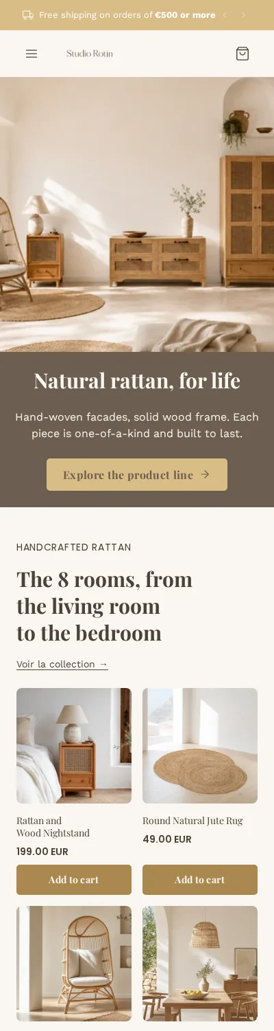Home page of a demo store generated by Scale Ova, mobile version