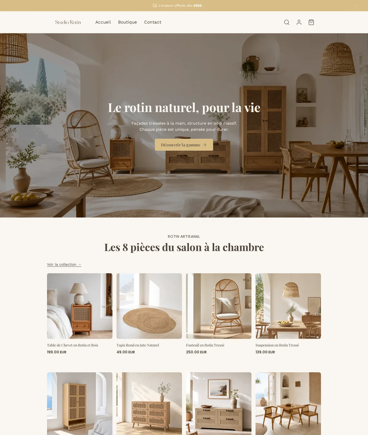 Page d'accueil d'une boutique démo générée par Scale Ova, version ordinateur