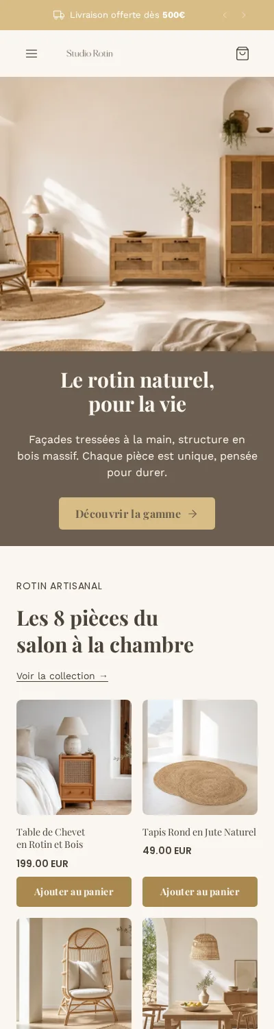 Page d'accueil d'une boutique démo générée par Scale Ova, version mobile