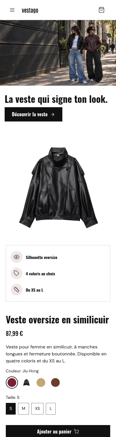 Page d'accueil d'une boutique démo générée par Scale Ova, version mobile