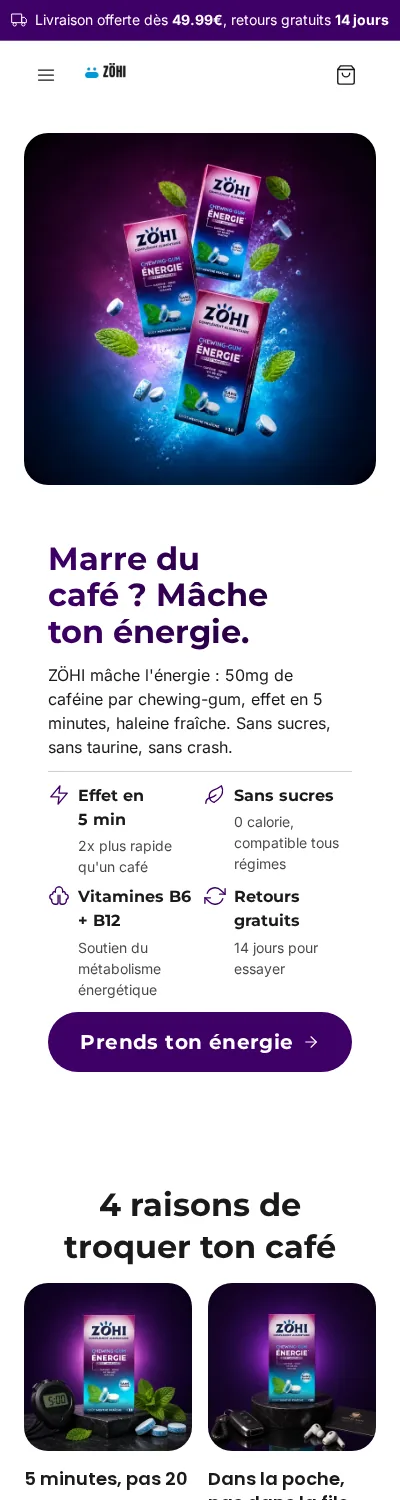 Page d'accueil d'une boutique démo générée par Scale Ova, version mobile